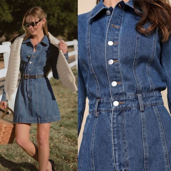 LuLu's Flawless Trend Medium Wash Denim Long Sleeve Mini Dress size XS NEW - Picture 5 of 8